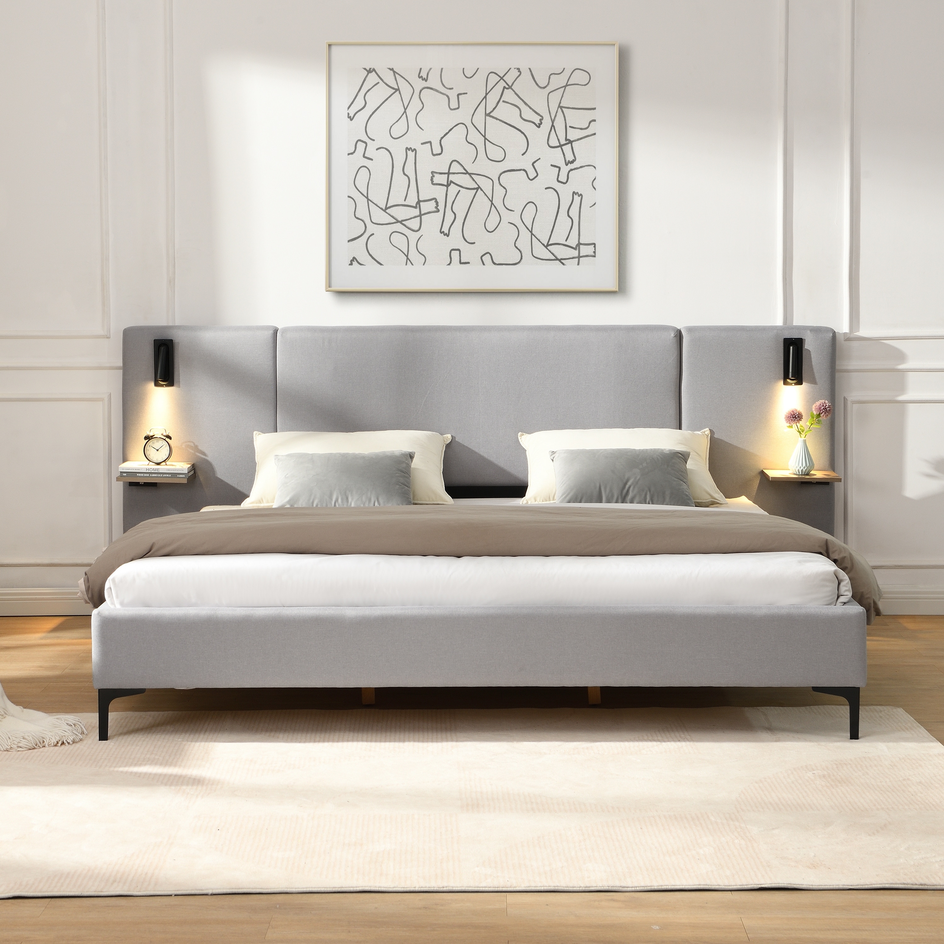 King Size Linen Upholstered Platform Bed with Built-In LED Lights and Side Shelves