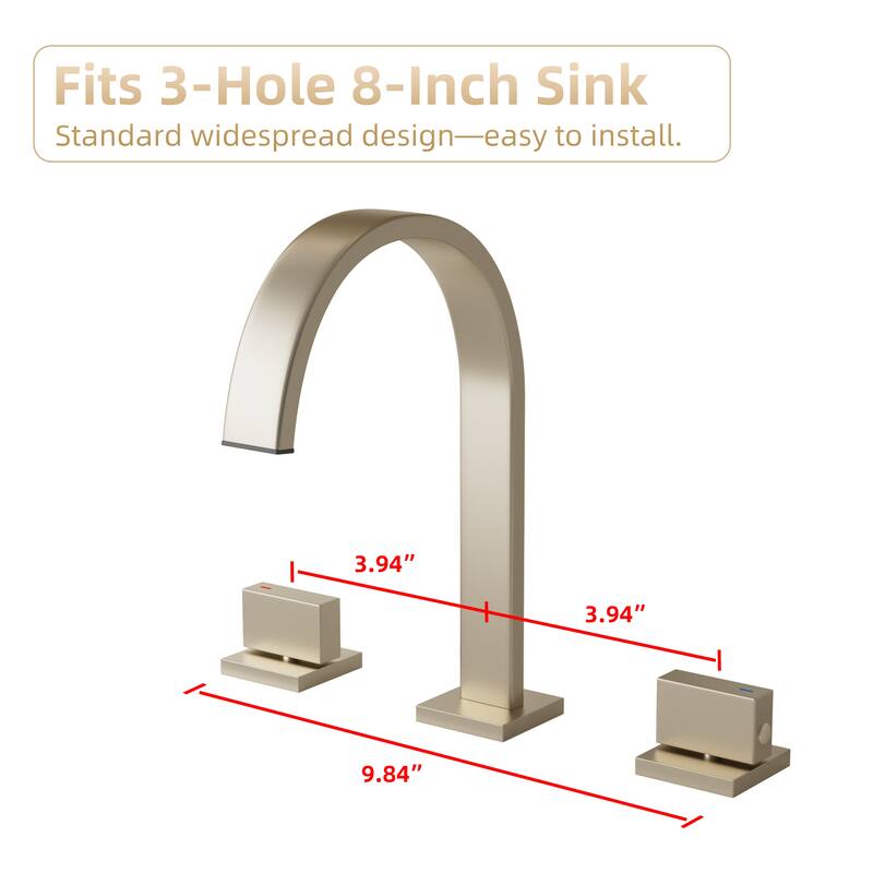 Modland Black / Gold High-Arc 3 Hole Bathroom Sink Faucet Widespread with 2 Handles - Brushed Gold