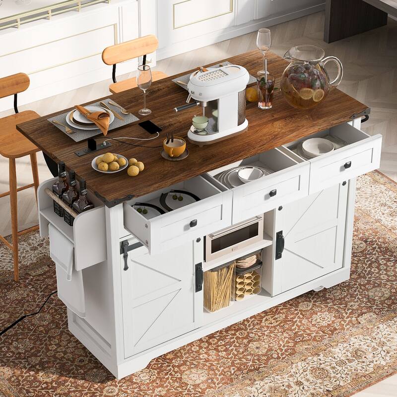 Sliding Barn Door Kitchen Island on Wheels w/ Drop Leaf & Power Outlet