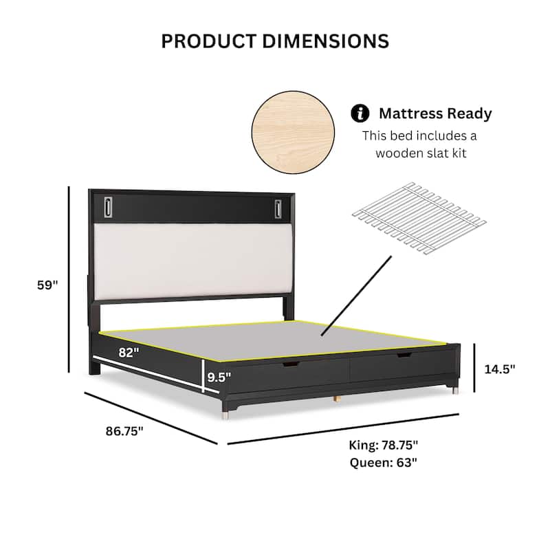 Furniture of America Forma Mid-Century Modern Black Boucle Storage Platform Bed with LED Reading Light