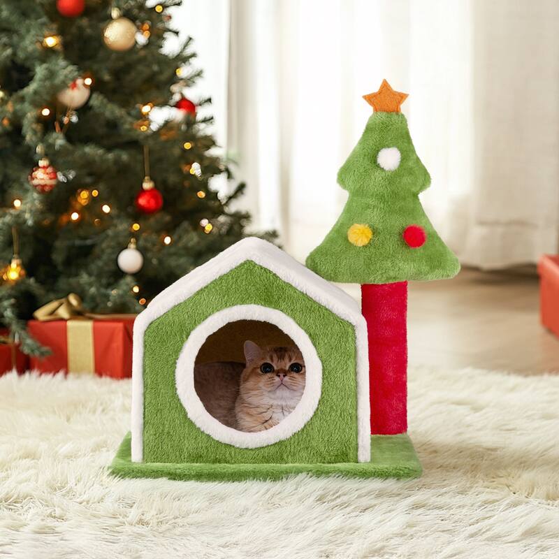 Christmas Cat House Cat Bed Cave, Soft Plush Christmas Nest Holiday Decor For Indoor Cats - (17.5 x 15.7) in