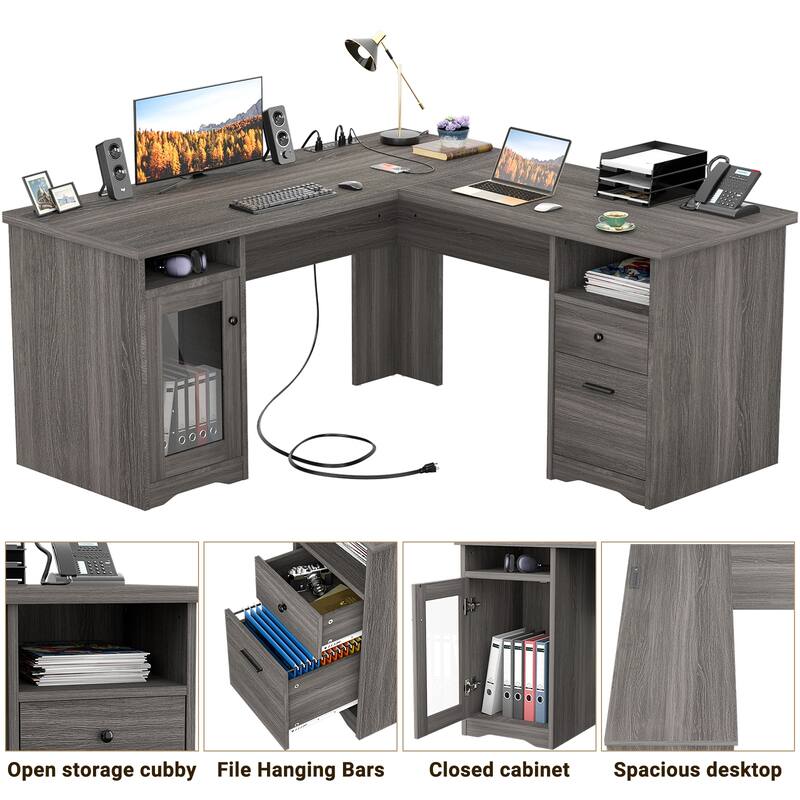 Modern Farmhouse L-Shape Desk with File Cabinet and Drawers, Homer Office Executive Desk with Charge Station