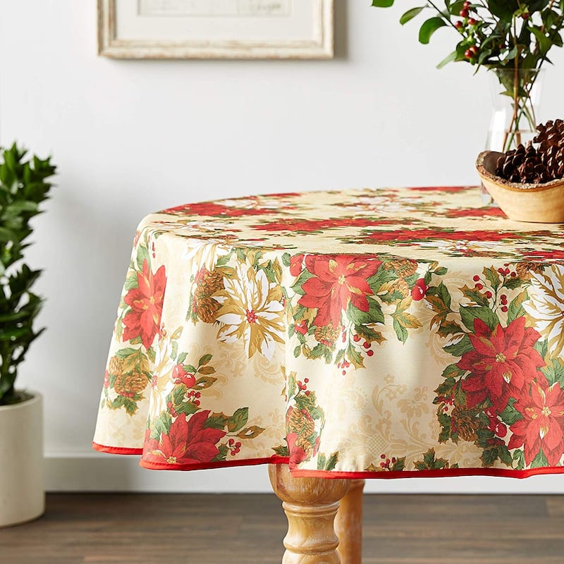 Violet Linen Holiday Christmas Poinsettia Garden Pattern Tablecloth - 60" Round