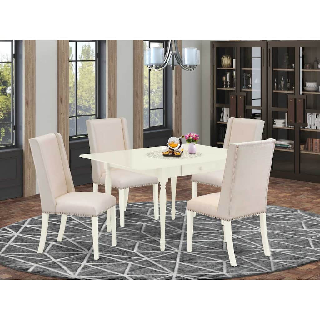 Medieval Kitchen Table Set - 5 Piece Dining Set - Hardwood Table & 4 Parsons Chairs - Linen White Finish