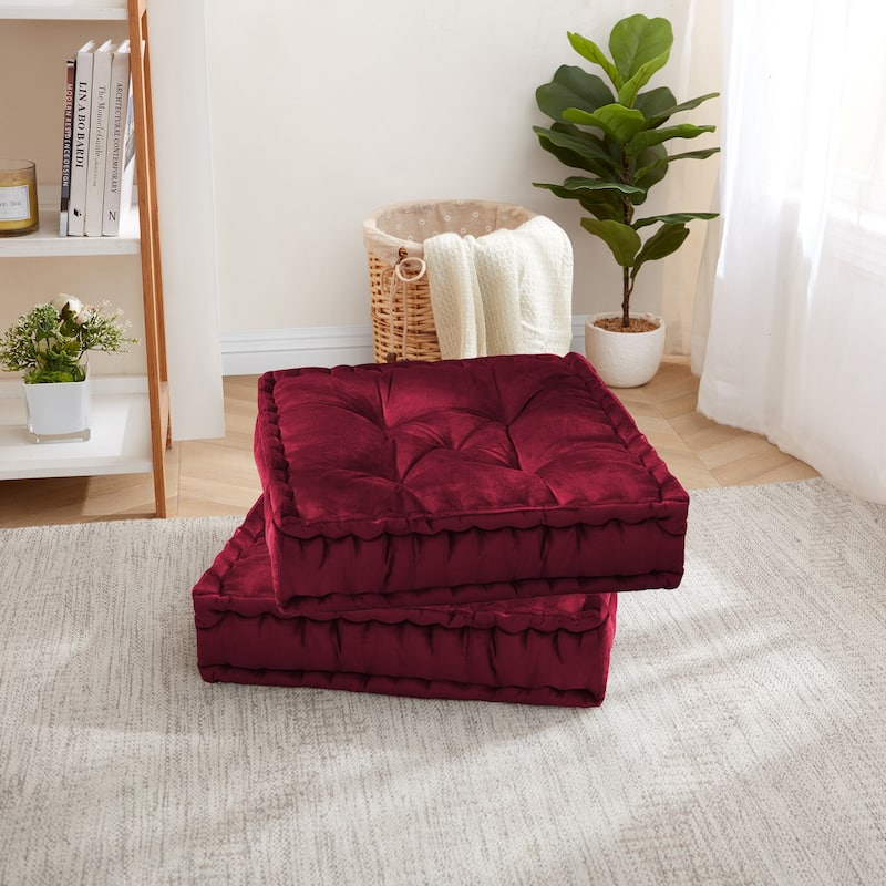 Sweet Home Collection 20"x20" Oversized Square Tufted Faux Velvet Floor Pillow - Set of 2 - Burgundy