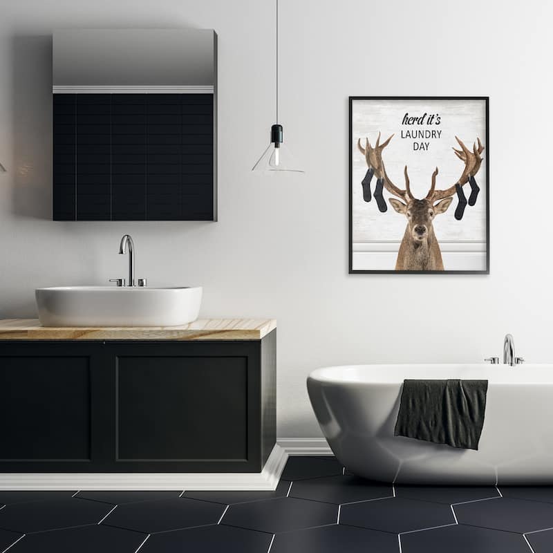 Stupell Laundry Elk with Hanging Socks Framed Giclee Art Design By Lettered and Lined