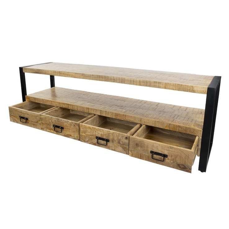 71" Solid Mango Wood Industrial TV Stand with Storage Drawers