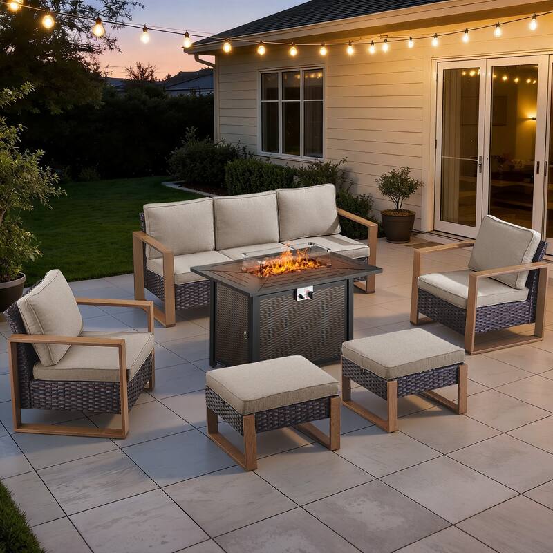 Meyreso Wicker Patio Conversation Set with Metal Fire Pit Table & Olefin Cushions - Brown / Beige Cushions - 6-Piece