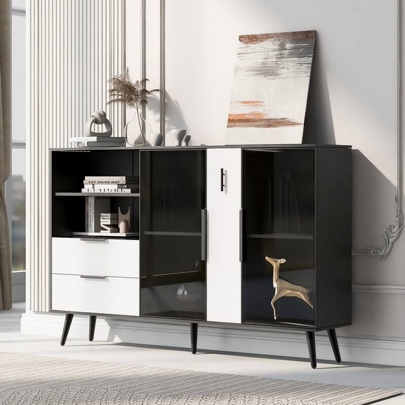 Glass Door Storage Cabinet with Drawers and Metal Handles, Living Room Modern Buffet Sideboard