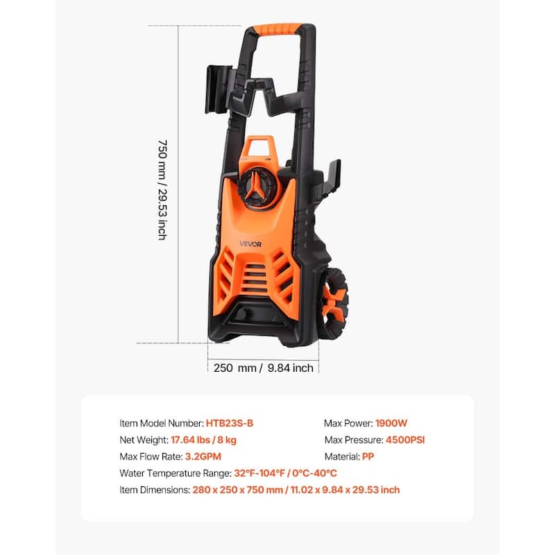 High Power Electric Pressure Washer 1900W 1500PSI 1.2GPM with 4 Nozzles Foam Cannon and 26ft Hose - 11.02 x 9.84 x 29.53 inch