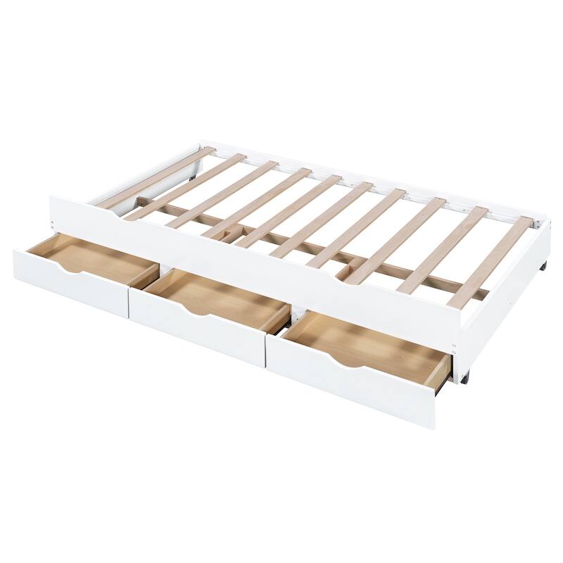 Twin XL Platform Bed with LED Headboard & USB Ports, Wooden Bed Frame with Trundle, 2 Storage Drawers, No Box Spring Needed