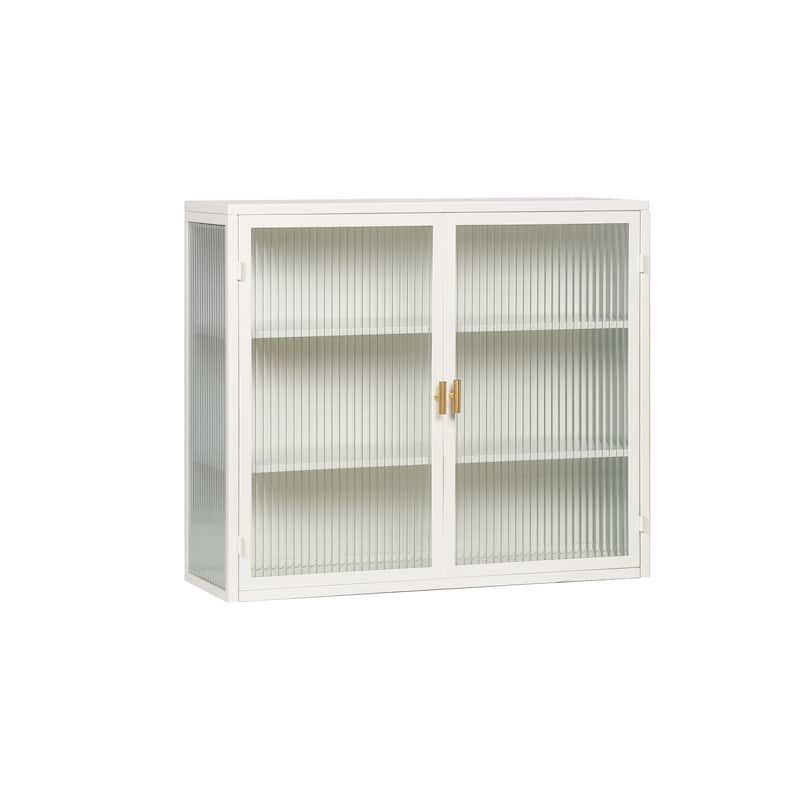 Modern White Wall Cabinet with Fluted Glass Doors and Three-Tier Storage for Entryway, Bathroom, or Living Room