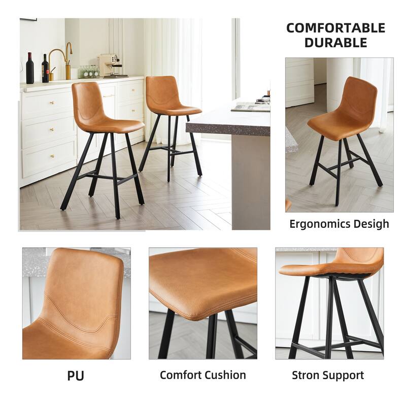 Set of 2 Bar Stool with Ergonomic Curved Backrest - Sturdy Black Metal Frame Counter Height Seating with Footrest