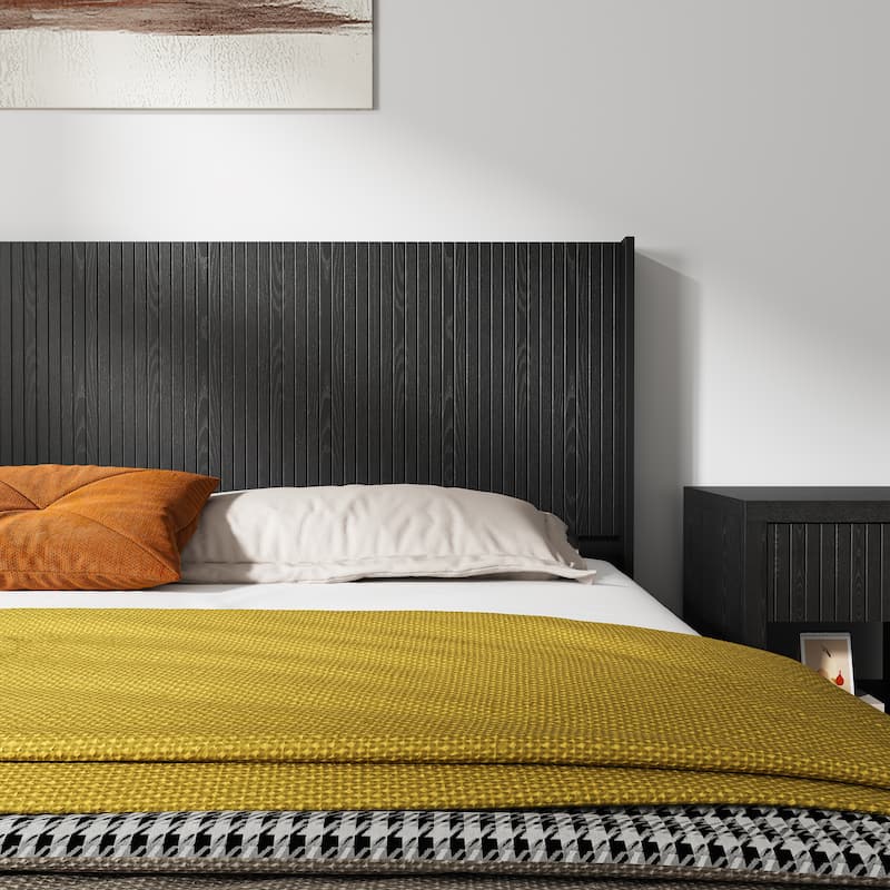 Queen Size Wood Headboard, Modern Farmhouse Design, Wall Mounted Fluted Panel, Black Oak Finish