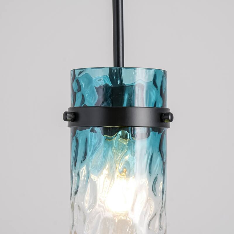 1/3-Light Coastal Matte Black Adjustable Pendant Light with Gradient Blue Hammered Cylinder Glass for Kitchen Island