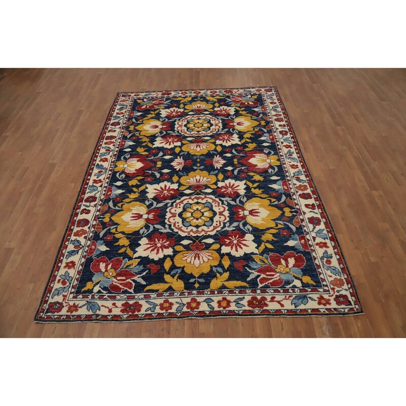Hand Knotted Oriental 100% Wool Carpet Transitional All-Over Navy Blue & Blues Oushak Area Rug - 9' 10'' X 6' 6''