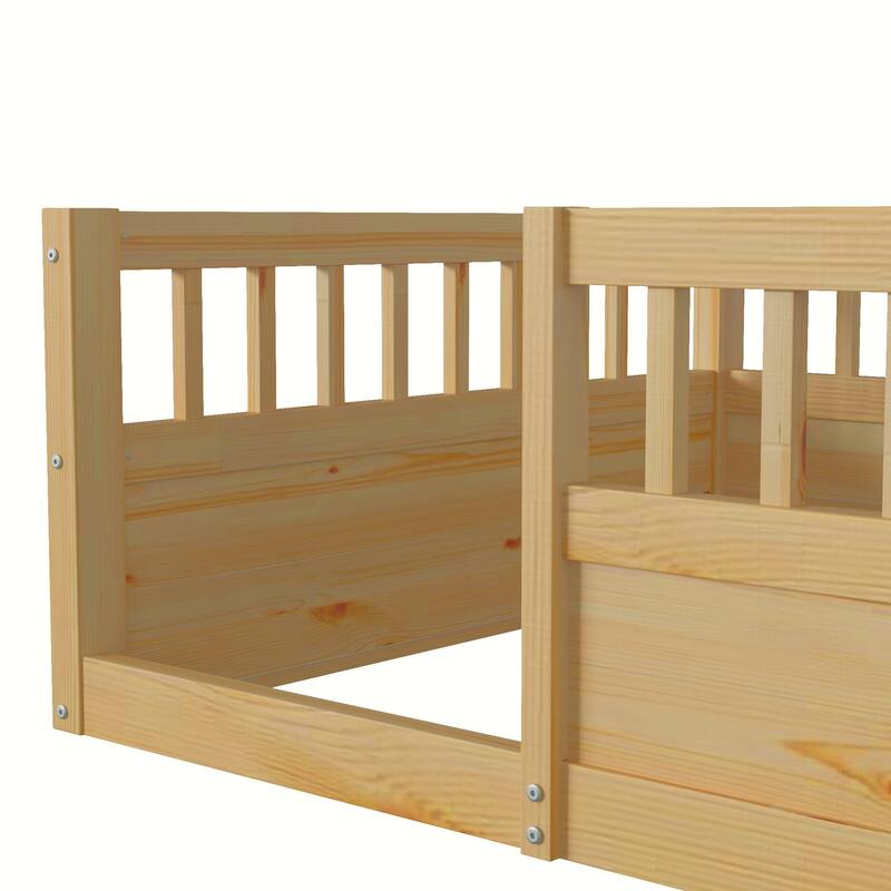 Kids Floor Bed Frame Toddler Montessori Low-Profile Floor Bed with Solid Wood Baffle Fence, No Slats No Door for Children's Room
