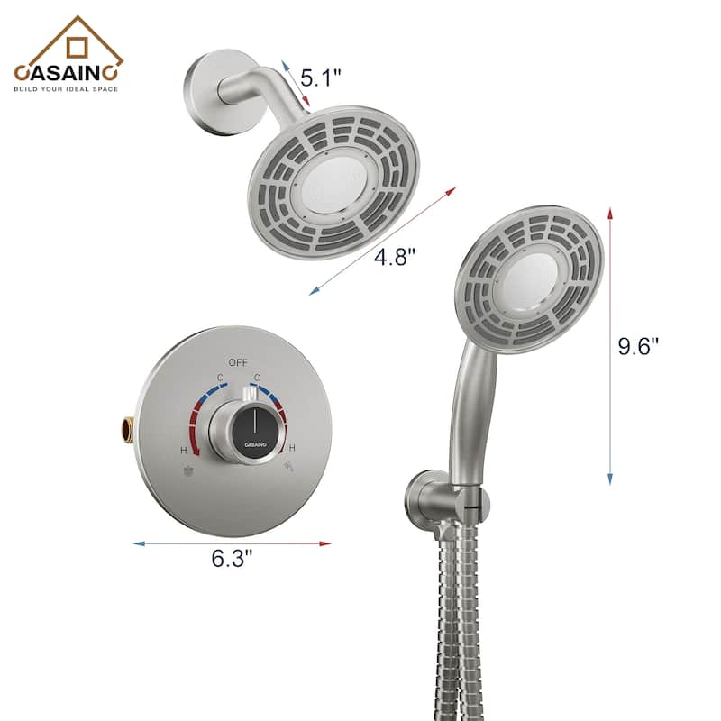 CASAINC 2-Spray 5 in. Shower Faucet Kit Wall Mounted Fixed and Handheld Dual Shower Heads 1.8 GPM - 5" x 5"