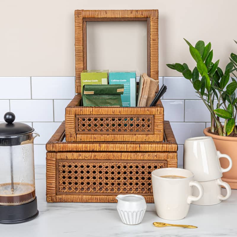 Woven Wood and Rattan Display Boxes with Glass Lids - Brown