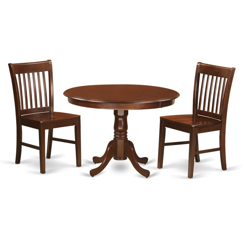 East West Furniture 3 Piece Dining Table Set- a Round Dining Table with Pedestal and 2 Chairs, Mahogany(Seat Type Options)