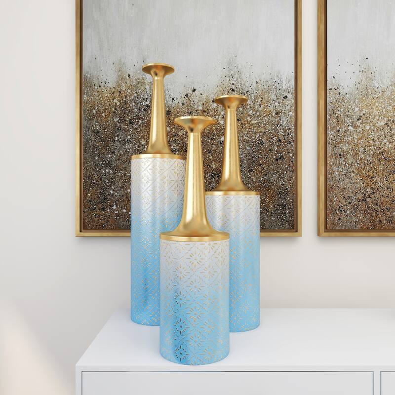 Blue Metal Floral Decorative Vase with Gold Top (Set of 3)