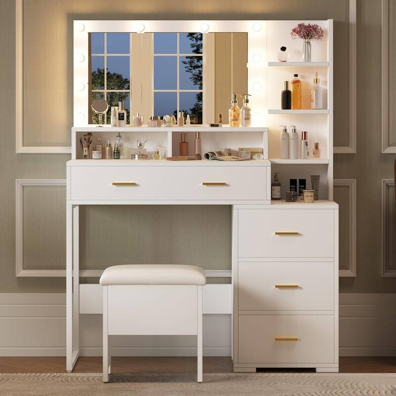 4 Drawers 3 Shelves Dressing Table, Makeup Vanity Desk with Mirror and Lights for Bedroom - White