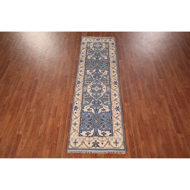 Blue Oushak Indian Runner Rug Hand-Knotted Wool Carpet - 2'6"x 8'1"