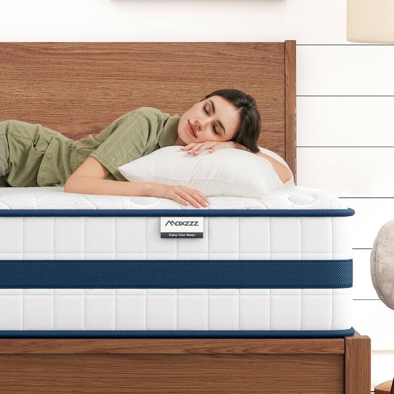 Roomfitters 12 Inch Queen Hybrid Mattress, High Density Memory Foam and 7-Zone Pocket Spring Bed for Back Support, White+Blue