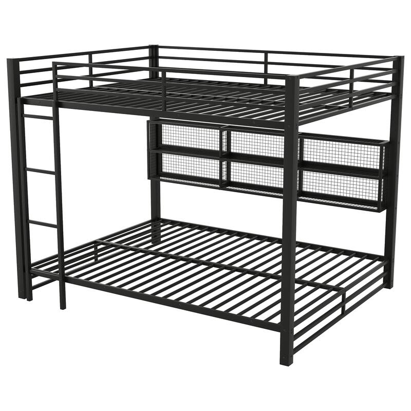 Black Metal Queen over Queen Bunk Bed with Storage Cabinets and LED