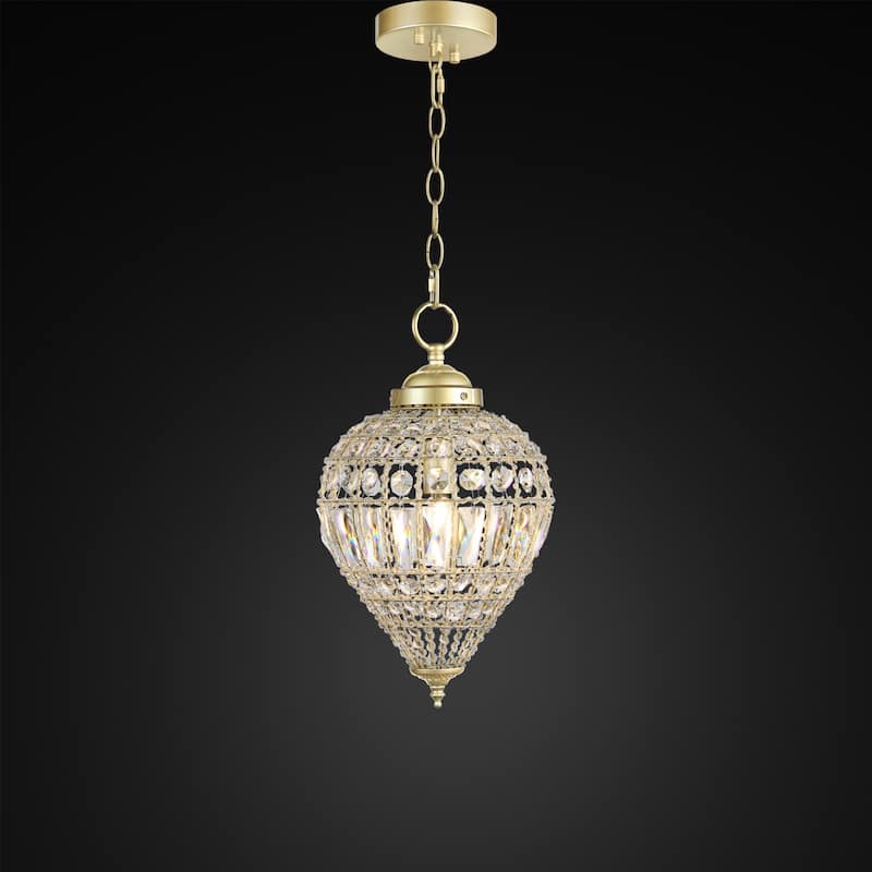Satin Gold Beaded Clear Crystal 1 Light Island Pendant 12" Chandelier - 9" Wide x 12" Height