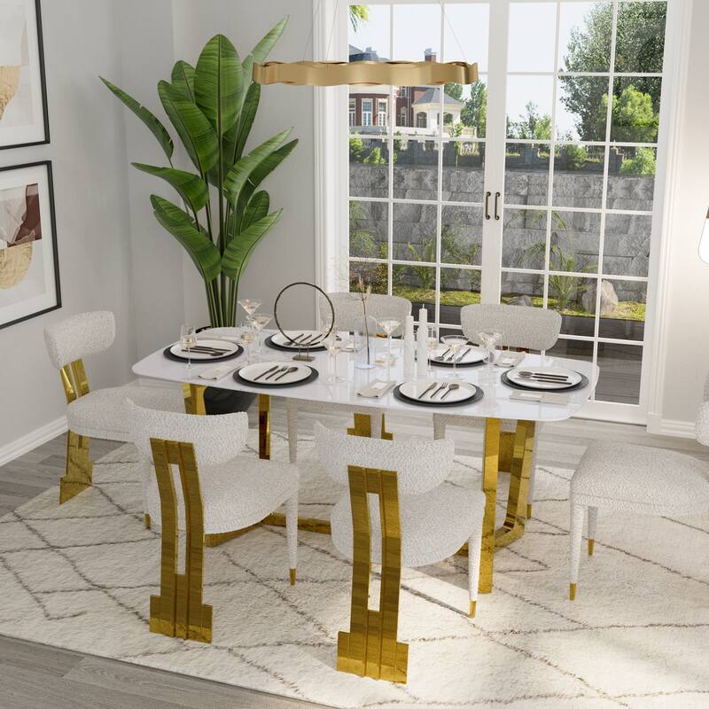 70 inch Dining Table Set with Boucle Dining Chairs