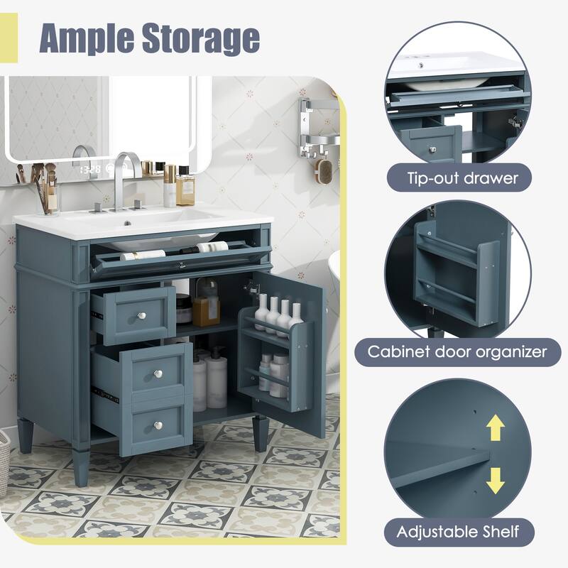 Modern 30" Bathroom Vanity, Single Sink with 2 Drawers, Tip-Out Drawer & Soft-Close Cabinet for Bathroom Storage