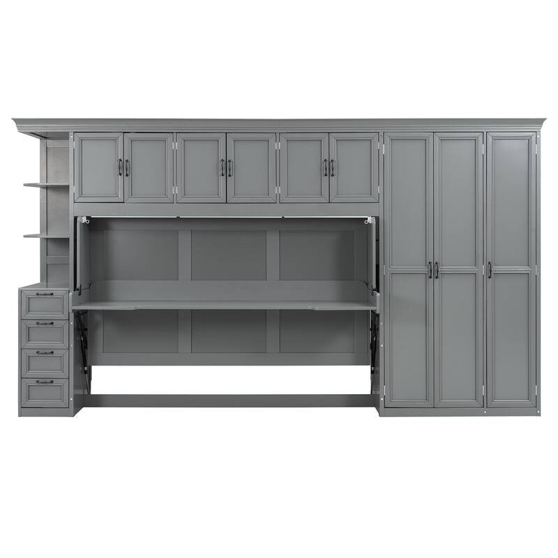 Twin Size Murphy Bed with Wardrobe, Cabinet, and Desk in Gray