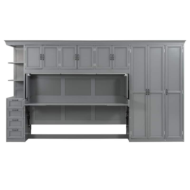 Versatile Twin Size Murphy Bed Fold-down Storage Wall Bed with Temporary Desk, Top Cabinets, Side Wardrobe, Drawers and Shelves