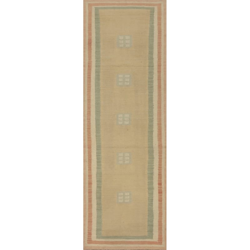 Hand Woven Oriental 100% Wool Carpet Southwestern Tribal Beige & Ivories Kilim Runner Rug - 7' 9'' X 1' 11''