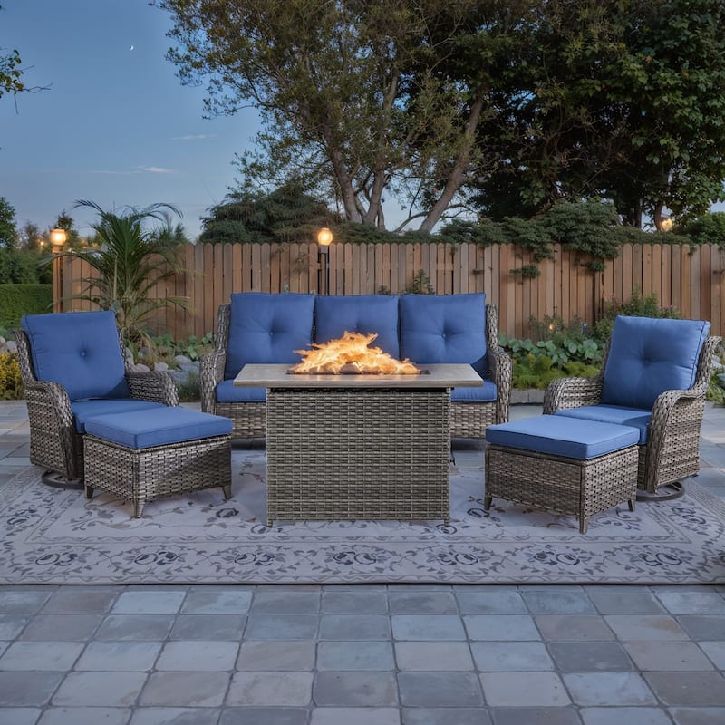 Patio Glider Chair Sofa with Fire Pit Table - Blue - Grey