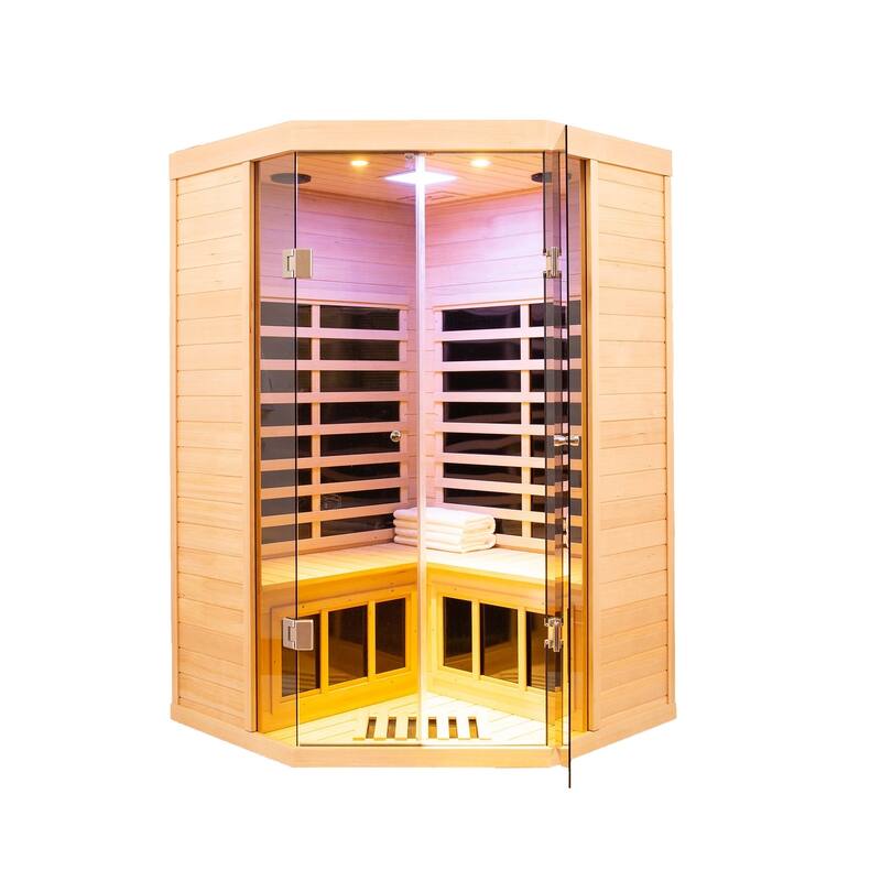 2-Person Corner Sauna with LCD Display, Touch Control, APP Control, Bluetooth and LED reading lights - 47" x 26" x 76"