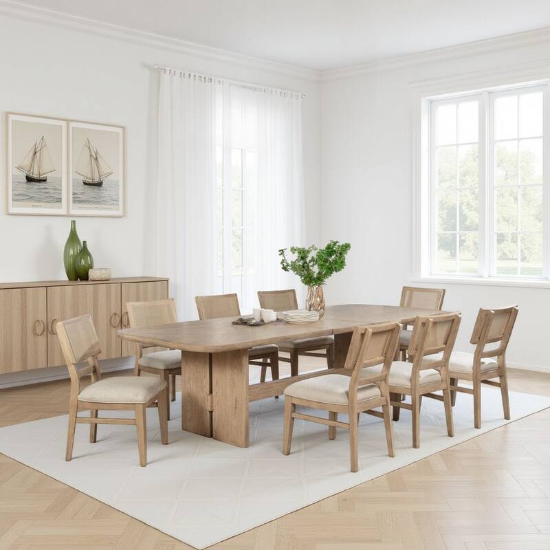 Lno Dining Table, 92-110 Inch Extendable Leaf Top, Oak Beige Hardwood