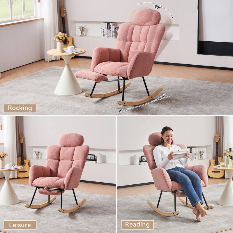 Teddy Fabric Upholstered Modern Nursery Rocking Chair with Footrest & High Backrest