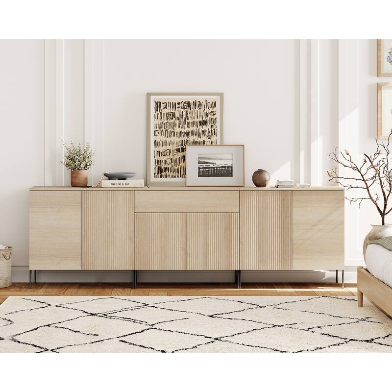 94.5" Modern Reeded Drawer Dresser Set With Doors, Minimalist Chest Of Drawers With Storage - Beige