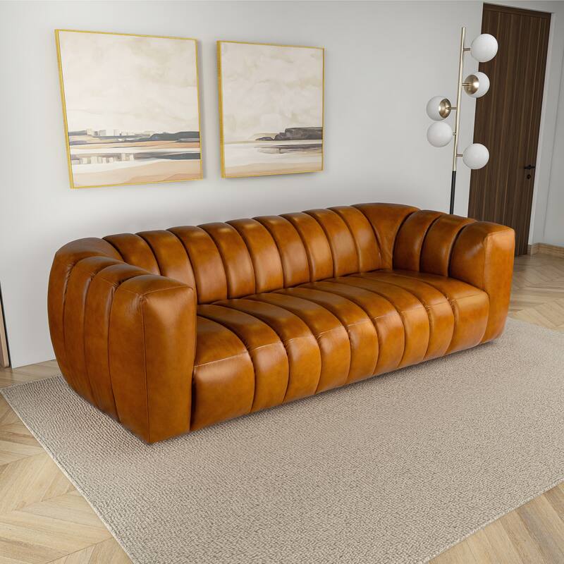 Luxea Mid Century Modern Genuine Italian Leather Couch - Cognac Tan