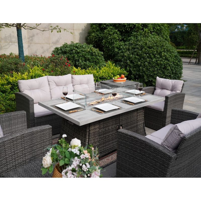 Outdoor 7-Piece Wicker Patio Sofa Set with Fire Pit Table,Gray