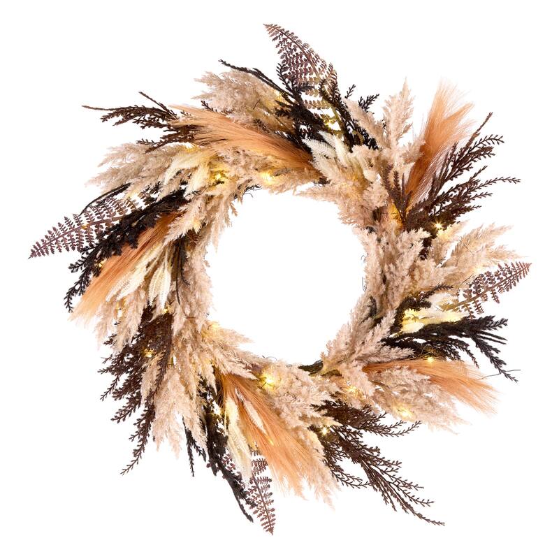 National Tree Company 26" Artificial Orange and Black Pampas Wreath, 30 Warm White LED Lights, Battery Operated - 26 in