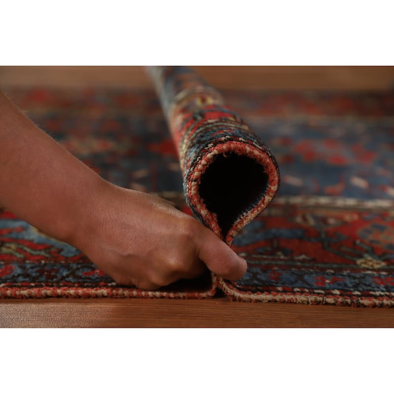 Hand Knotted Oriental 100% Wool Carpet Traditional Geometric Navy Blue & Blues Heriz Runner Rug - 15' 7'' X 3' 5''
