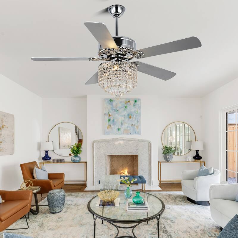 52" Chrome Chandelier Ceiling Fan, Pull Chain Ceiling Fan with Remote Control 3 Speed Ceiling Fan for Bedroom and Living Room