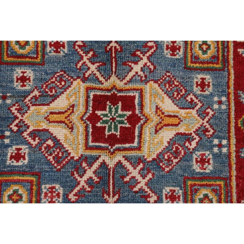 Geometric Red Kazak Area Rug Handmade Oriental Wool Carpet - 4'0" x 6'3"