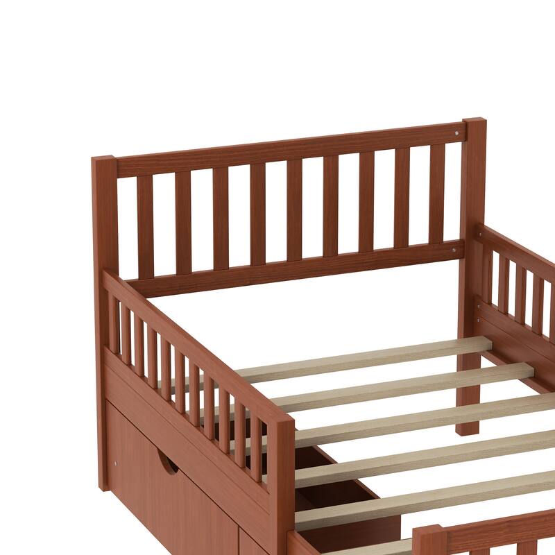 Wooden Twin/Full Size Platform Bed with Guardrails and Headboard, Classic Solid Pinewood Storage Bed Frame with 2 Drawers