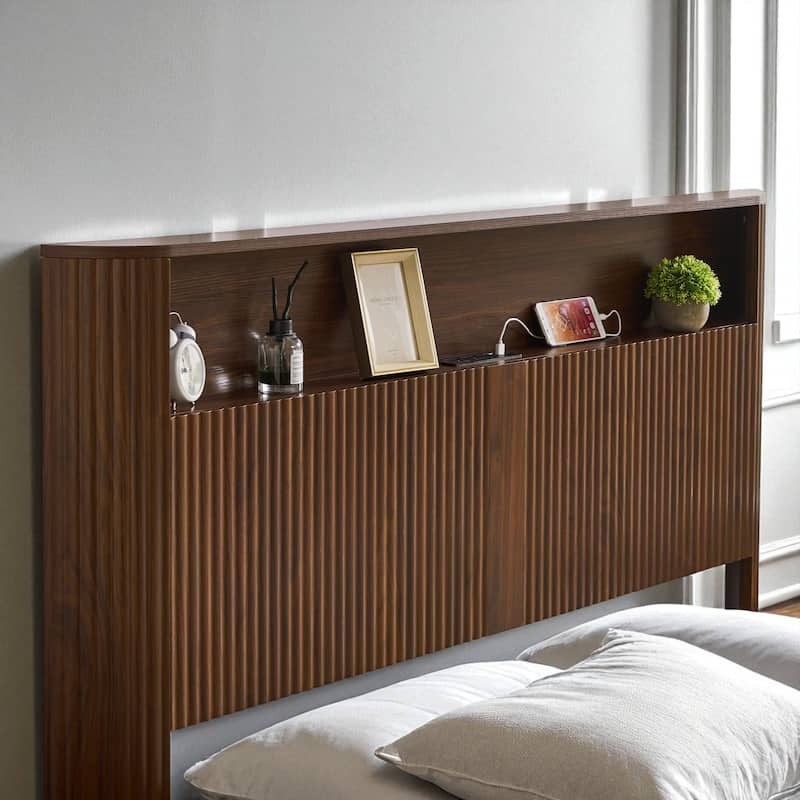 Full XL/Queen Bed Frame with Storage Headboard, USB Charging Station, Noise-Free Metal Platform with Curved Design