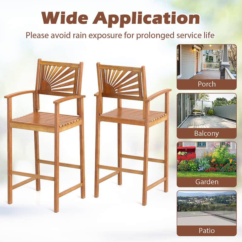 Gymax Set of 2 Outdoor Acacia Wood Bar Stools Bar Height Patio Chairs