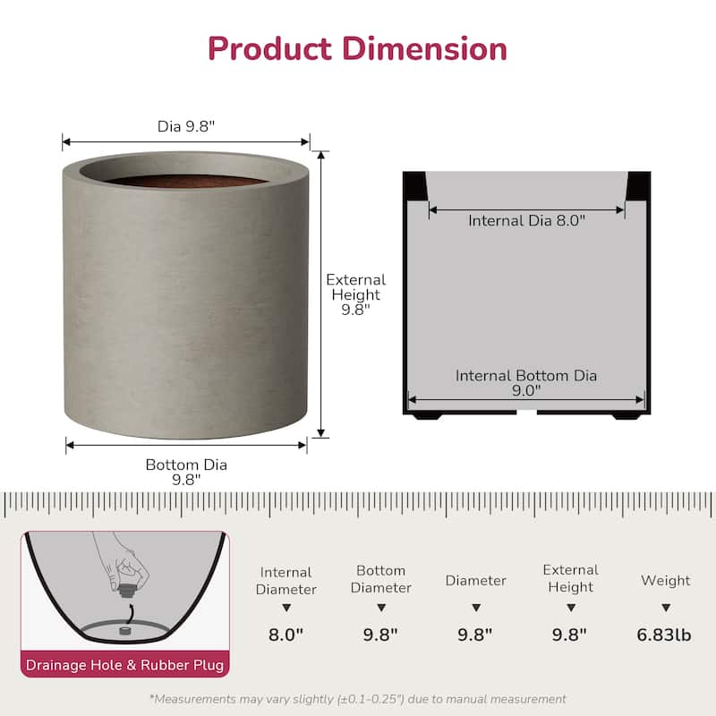Concrete Tall Round Pot Cylindrical Flower Planter with Drainage Hole